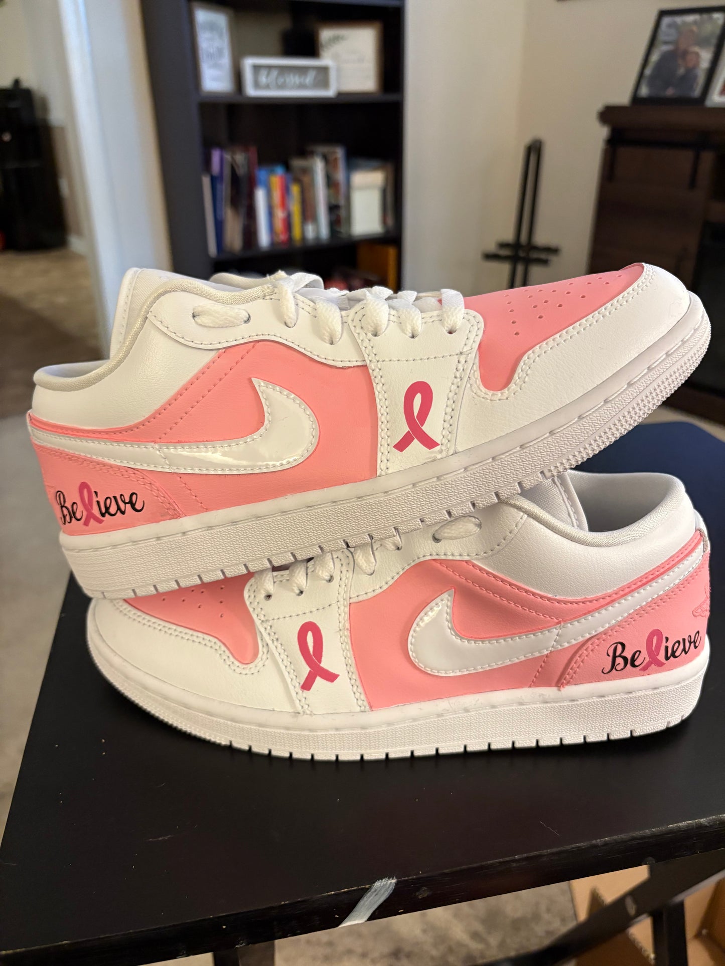 Custom Painted "Believe" Breast Cancer Awareness Jordan 1 Lows