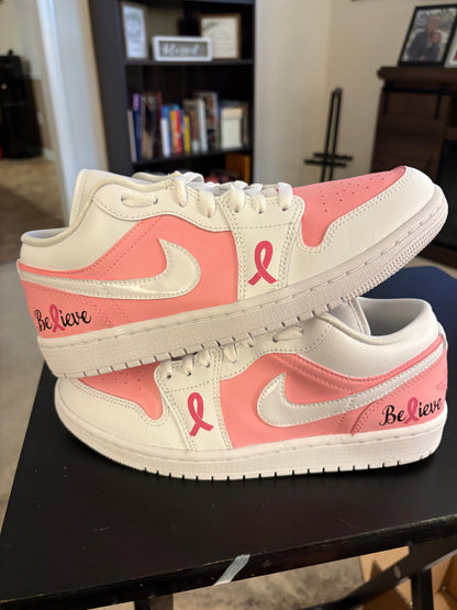 Custom Painted "Believe" Breast Cancer Awareness Jordan 1 Lows