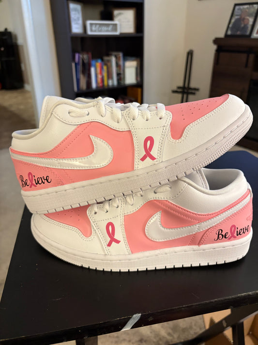 Custom Painted "Believe" Breast Cancer Awareness Jordan 1 Lows