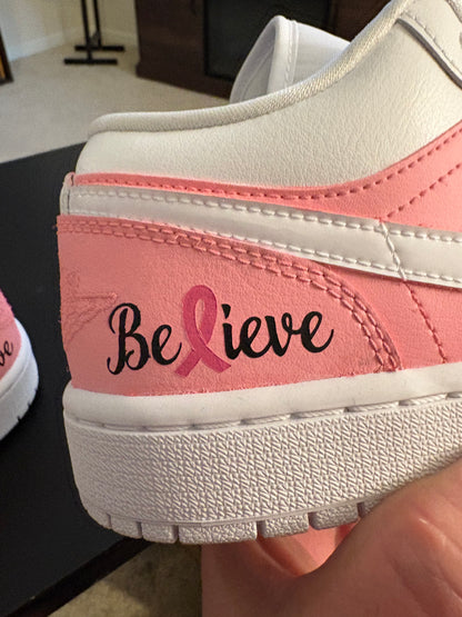 Custom Painted "Believe" Breast Cancer Awareness Jordan 1 Lows
