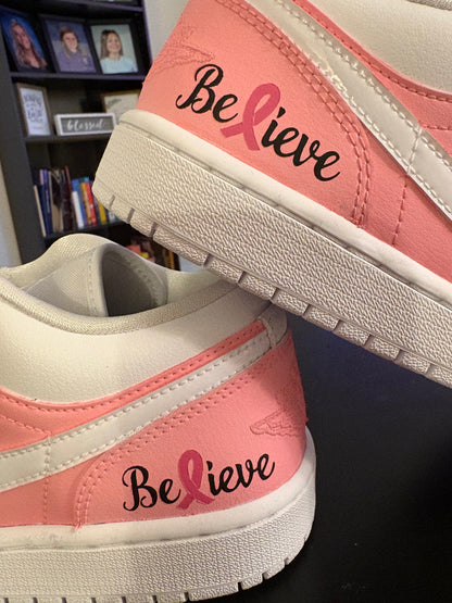 Custom Painted "Believe" Breast Cancer Awareness Jordan 1 Lows