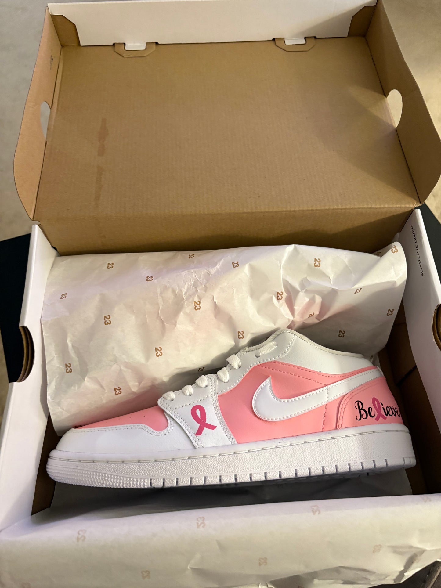 Custom Painted "Believe" Breast Cancer Awareness Jordan 1 Lows